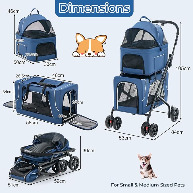 Pet Stroller with Detachable Carriers, Adjustable Cat Stroller for Small & Medium Pets, 4-in-1 Cat Carriers with Safety Belt and Lockable Wheels, Navy Blue