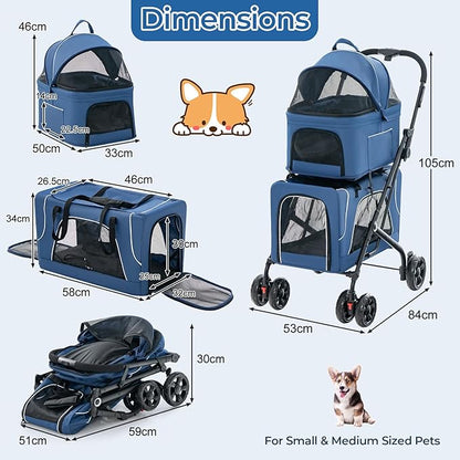 Pet Stroller with Detachable Carriers, Adjustable Cat Stroller for Small & Medium Pets, 4-in-1 Cat Carriers with Safety Belt and Lockable Wheels, Navy Blue