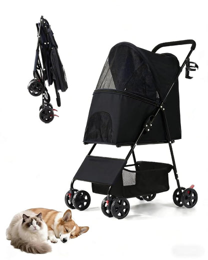 Pet Stroller for Small Medium Dogs Cats - Lightweight 10lbs Foldable Dog Stroller, Breathable Mesh & Safety Tether, 33lbs Capacity with Locking Wheels, Storage Basket for Outdoor Walks-Black