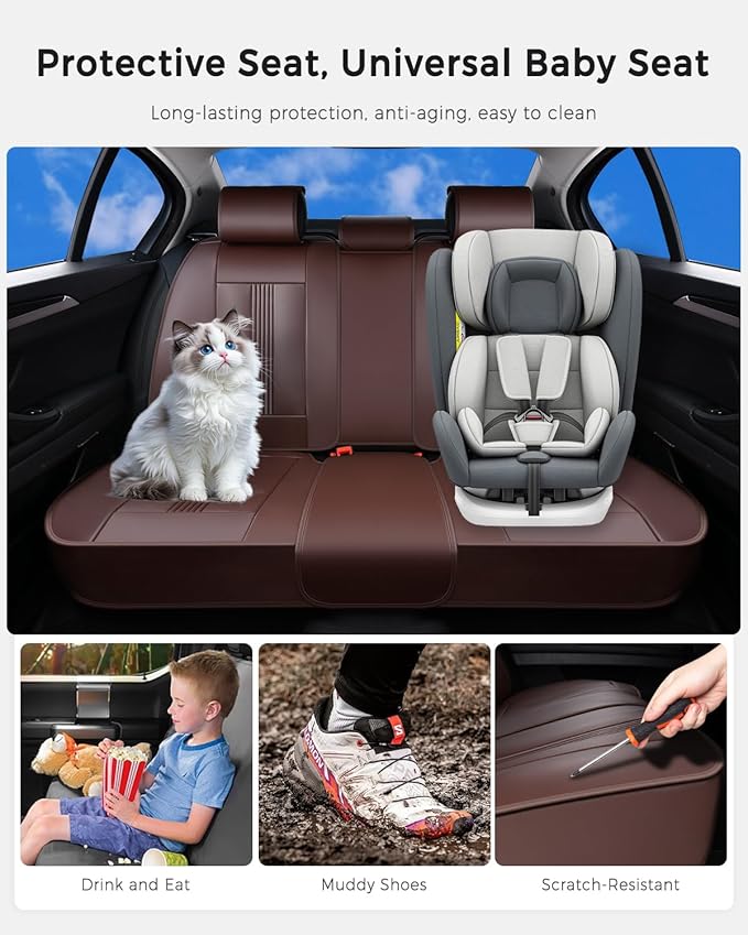 Huidasource Brown Back Seat Cover, Nappa Leather Rear Seat Cover with Ventilation Holes, Velcro Adjustable, Compatible with Armrests, Seat belts, Child Safety Seats, Fit for Most Cars SUV Truck, Brown