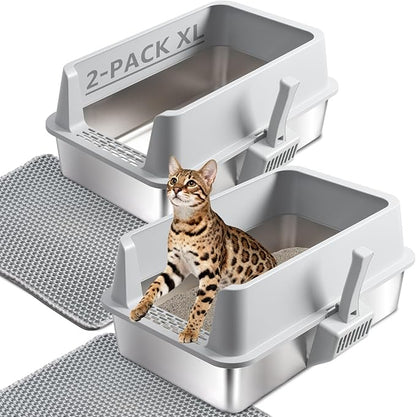 2Pack XL Stainless Steel Litter Box with Lid, Metal Cat Litter Box with Covered, Easy Clean Non Stick No Smell