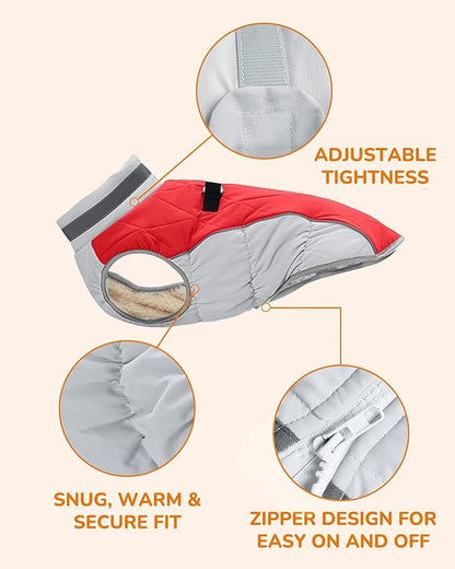Dog Winter Coat for Small Dogs, Adjustable Puppy Warm Jackets in Cold Weather, Reflective Pet Fleece Vest with External Attachment Points, Zippered Cold-Weather Dog Winter Clothes, S Red