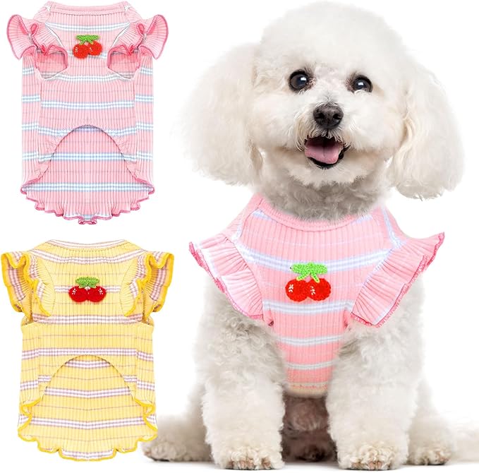 2 Pack Striped Small Dog T Shirt Cute Cherry Girl Dog Clothes for Small Dogs Cats Breathable Soft Cotton Pet Puppy Sleeveless Vest Spring Summer Pet Outfits（Pink+Yellow,X-Large）