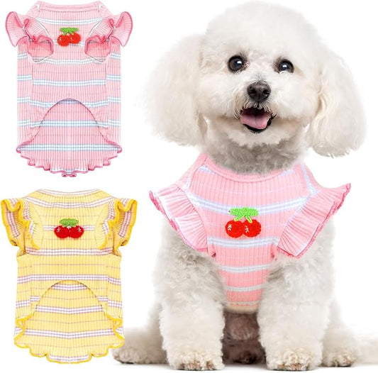 2 Pack Striped Small Dog T Shirt Cute Cherry Girl Dog Clothes for Small Dogs Cats Breathable Soft Cotton Pet Puppy Sleeveless Vest Spring Summer Pet Outfits（Pink+Yellow,X-Large）