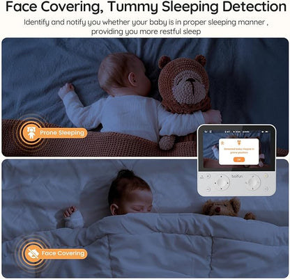 BOIFUN AI Baby Monitor with Camera and Audio, Safety Alerts (Tummy Sleeping & Face Area), WiFi Smartphone APP Control, Colorful Night Light, 2K HD Night Vision, Motion & Cry Detection, Two-Way Talk