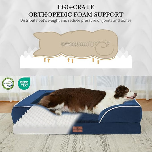 Comfort Expression Orthopedic Dog Bed for Extra Large Dogs 45x35 Inch, Waterproof Egg Crate Foam XL Pet Bed with Removable Bolsters, Dog Couch with Washable Cover & Non-Slip Bottom, Navy Blue