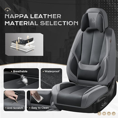 Coverado Seat Covers, Car Seat Covers Front Seats, Car Seat Cover, Car Seat Protector Waterproof, Seat Cushion Nappa Leather with Head Pillow, Carseat Cover Universal Fit for Most Cars (Gray&Black)