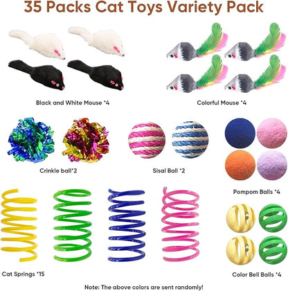 AGYM Cat Toys for Indoor Cats, 35 Packs Interactive Cat Toys Set with Colorful Springs, Mouse Cat Toy, Crinkle, Sisal, Pompom and Color Bell Balls for Kittens
