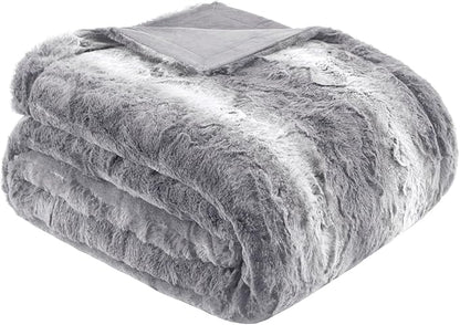 Madison Park Throw Blanket, Soft Faux Fur Blanket Plush Reversible Throw Home Decor, Luxuriously Soft All Seasons Fuzzy & Cozy Blanket, Knitted Throw for Couch, Bed Blanket, Zuri, 50x60 Grey