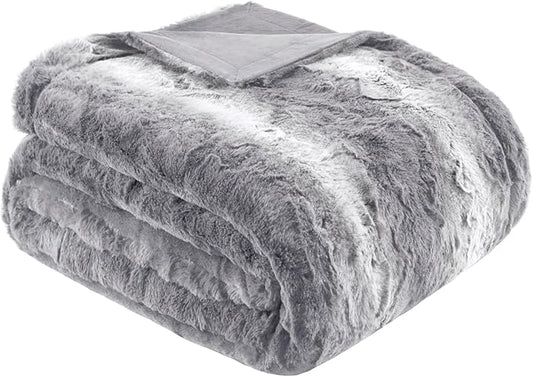 Madison Park Ultra-Soft Poly Fur Blanket Queen Size, Reversible Plush, All Season & Lightweight Queen Fuzzy Blanket for Bed, Couch & Sofa, Zuri, Full/Queen Grey