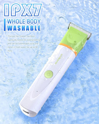 unibono Dog Grooming Kit with Paw Trimmer, All-in-One Low Noise Electric Rechargeable Small Quiet Pet Clippers Foot Dog Hair Shaver with Stainless Steel Scissors and Comb for Dogs at Home (Green)