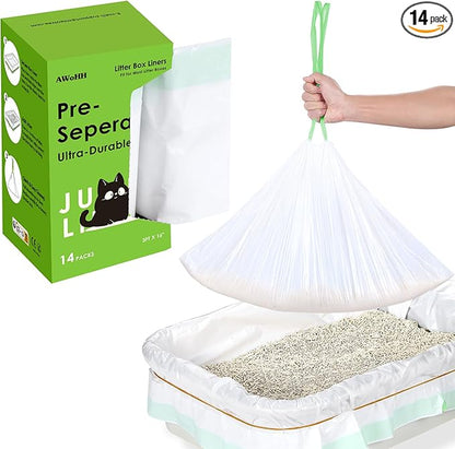 Cat Litter Box Liners [14 Count]-Large/Jumbo 37"x16"-Heavy Duty Scratch Resistance Drawstring Litter Bags-Dispenser Box No Tearing Needed-70% Recycled Ocean Plastic