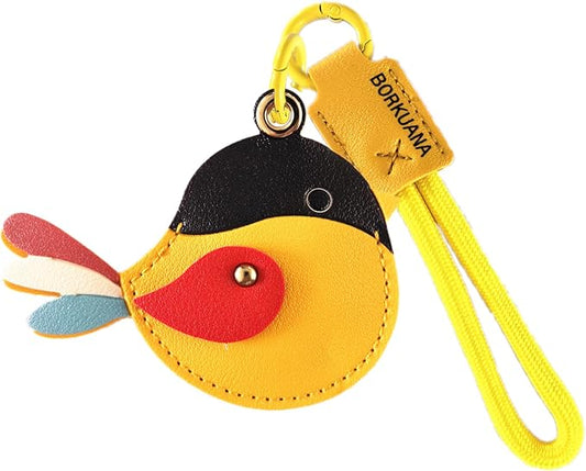 Leather Keychain Holder Case Compatible with AirTag,Cute Protective Cover with Keyring and Lanyard,Anti-Scratch Finder GPS Tracker Case for Wallet Keys,Bag,Pets,Backpack(Yellow Bird)