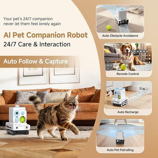 Pmate AI Pet Robot Companion for Dogs & Cats, with Visual Recognition, Remote Video Interaction, Auto Feeding & Play, Red Light Teaser, Night Vision, Auto Charging, Blue