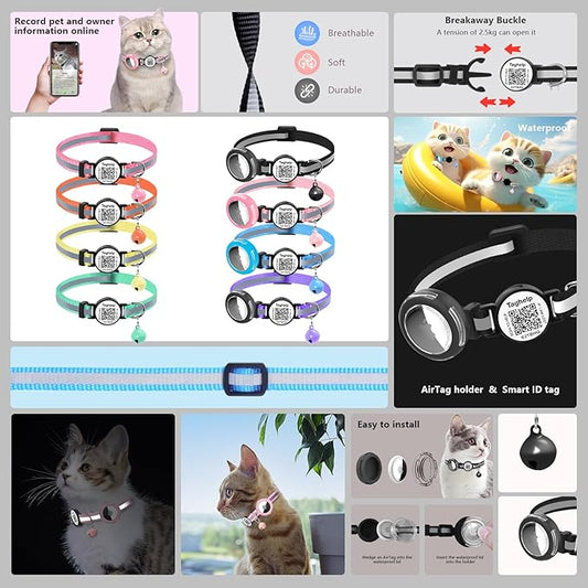 Waterproof Breakaway Cat Collar with AirTag Holder & Smart QR ID Tag - Reflective Safety Tracker Collar for Cats, Kittens, Puppies-Compatible with Apple AirTag, GPS Tracking for Girl&Boy Pets (Pink)