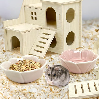 BNOSDM 2 Pcs Hamster Ceramic Food Bowl Flower Series Gerbil Drinking Bowls Anti-Turning Food & Water Dish for Dwarf Syrian Hamsters Gerbil (Pink, Rose Pattern, 3.74“ x3.74“ x1.77“)