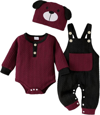FOCUTEBB Baby Boy Clothes Cute Long Sleeve Romper Infant Pocket Overalls Adjustable Suspender Pants Set 0-18 Months