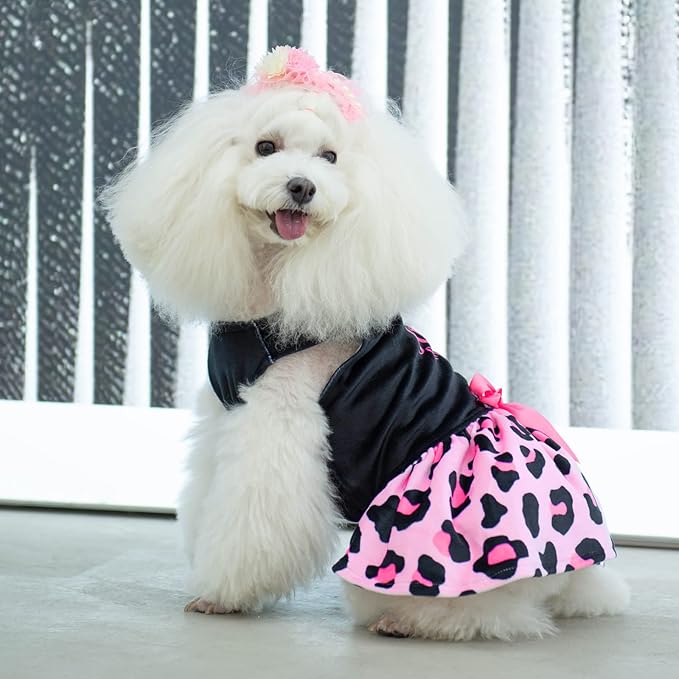 CuteBone Little Miss Sassy Pants Dog Leopard Print Dress Velvet for Small Dogs Girl Puppy Dresses Pink Dog Clothes CVA15L-D