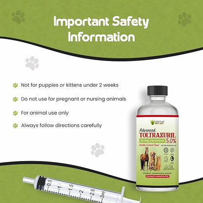 SHEVAT VITAMINS Advanced Toltrazuril 5.0% for Dogs, Cats & Horses – Vanilla Flavor – Oral Suspension – Easy-Dose Liquid – Includes 3 mL Dropper – Animal Use Only (120ml)