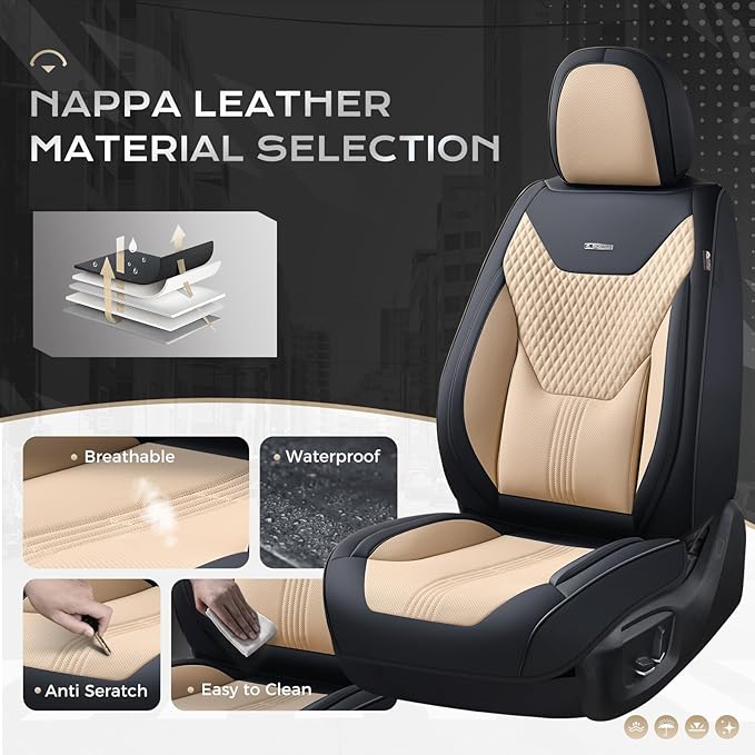 Coverado Car Seat Covers Full Set, Front Seat Covers with Lumbar Support and Back Seat Cover Waterproof Leather Automotive Seat Cover, Universal Car Interior Protectors Cushion for Most Cars