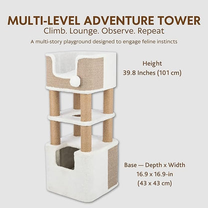 Trixie Lucano Cat Tree, 39.8-in Cat Tower with 8 Jute Scratching Posts & Plush & Sisal Covered Condo, Sturdy Base, Interactive Pom-Poms, Indoor Furniture for Climbing & Relaxation, Brown