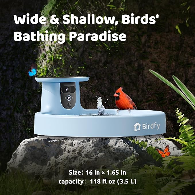 Birdfy Smart Bird Bath with Camera Solar Powered & Fountain, Dual-Lens Camera for Wildbird Watching, Auto Capture Bird Videos & Motion Detection - AI by Subscription (Blue)