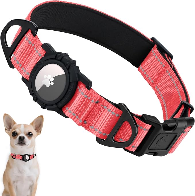 Taglory AirTag Dog Collar with Waterproof Holder for Puppy, Baby Pink, XS | Reflective for Night Walks & Low-Light Safety, Track Your Pup Peace of Mind, Adjustable Soft Padded, No More Dangling Tags