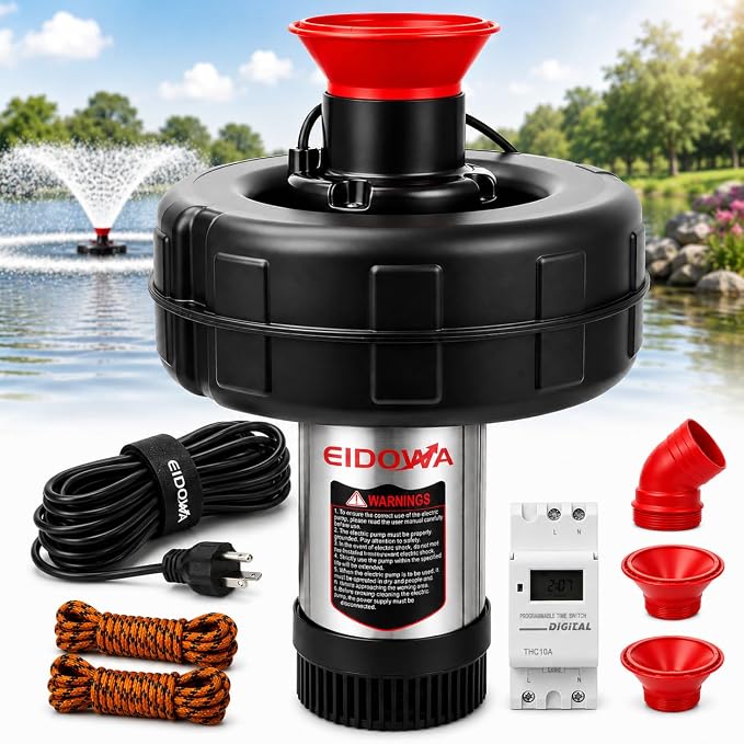 Floating Pond Fountain Aerator, 1HP, 110V, 15000GPH, Black | 304 Stainless Steel, Smart Programmable Timer, Anti-Tipping Base, 100 FT Power Cord Floating Pond & Lake Fountain Aerator