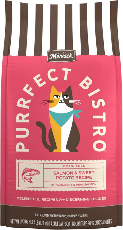 Merrick Purrfect Bistro Grain Free Salmon and Sweet Potato Recipe Natural Dry Cat Food for Adult Cats, High Protein, Outdoor or Indoor Cat Food - 4 lb. Bag