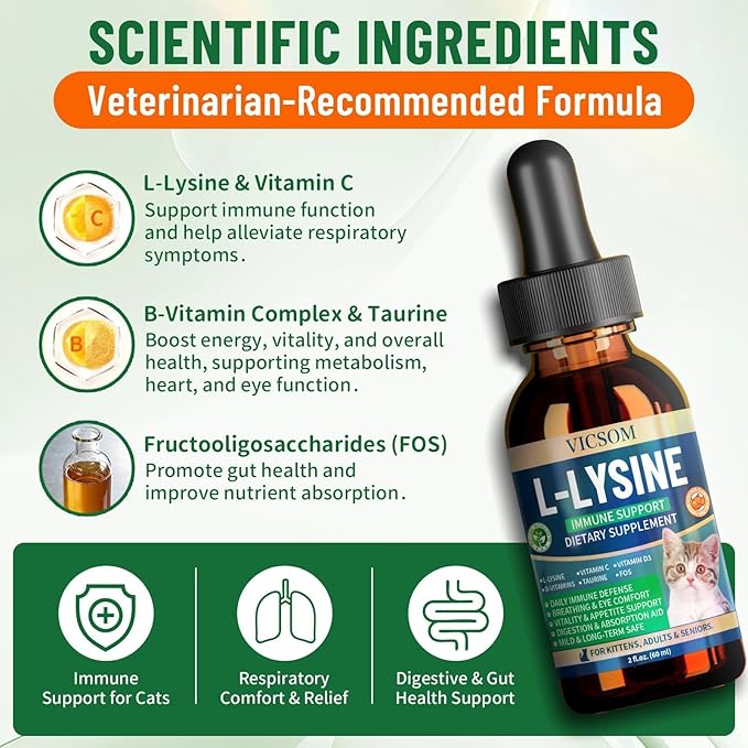 L-Lysine for Cats, Cat Lysine Supplement for Immune Support, Feline Respiratory, Sneezing, Runny Nose, Eye Function, Natural Strengthen Defenses, Chicken Flavor 60 ML