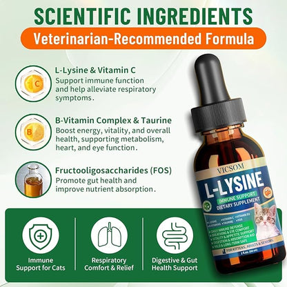 L-Lysine for Cats, Cat Lysine Supplement for Immune Support, Feline Respiratory, Sneezing, Runny Nose, Eye Function, Natural Strengthen Defenses, Chicken Flavor 60 ML