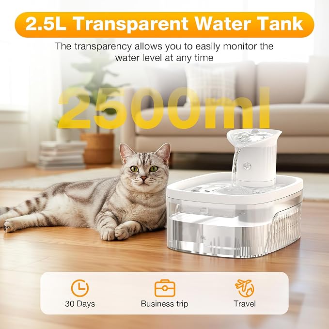 Cat Water Fountain, 85oz/2.5L Large Capacity Cordless Cat Water Fountain | Smart Motion Sensor & Timer Flow,3 Filter Cartridges, Wireless Pet Water Fountains for Cats Indoor (White)