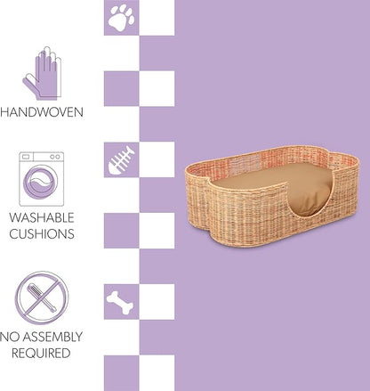 DBD1003B Scallop Handwoven Water Hyacinth Pet Bed with Machine Washable Cushion, 31" x 20" Wicker Cat and Dog Bed for Medium to Large Pets, Boho Tropical Style Basket, Light Brown