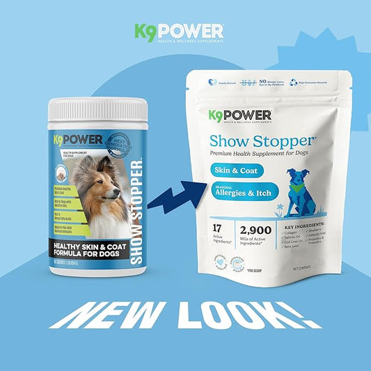 K9Power Show Stopper 8 oz– Awarded #1 Dog Skin & Coat Product – Supports Allergy Relief, Itchy Skin, Shedding, Dull Coat – Salmon Oil, Collagen, Kelp, Zinc, Probiotics, Beet Juice, Vitamin C