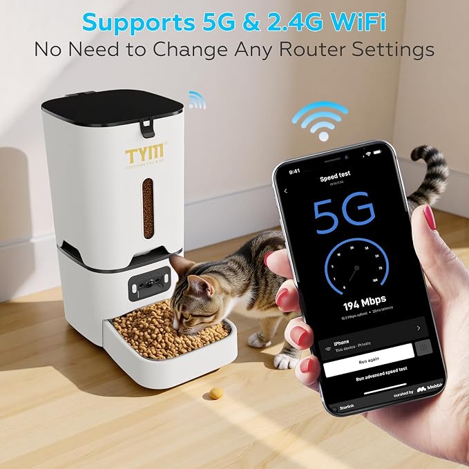Automatic Cat Feeder with Camera, 5G WiFi Food Dispenser for Small Pets | Two-way Voice | Night Vision | Separation Anxiety | Weight / Diet Control | Programmable Timer | APP Remote Control