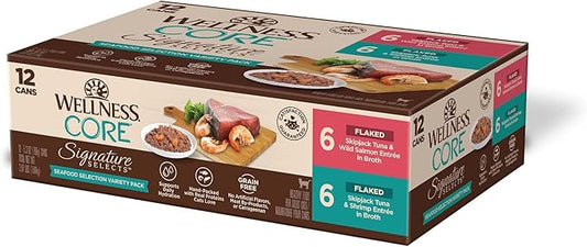 Wellness CORE Signature Selects Variety Pack Adult Canned Wet Cat Food, Natural, Protein Rich, Grain Free, Seafood Recipes, 5.3 oz, Pack of 12 Cans