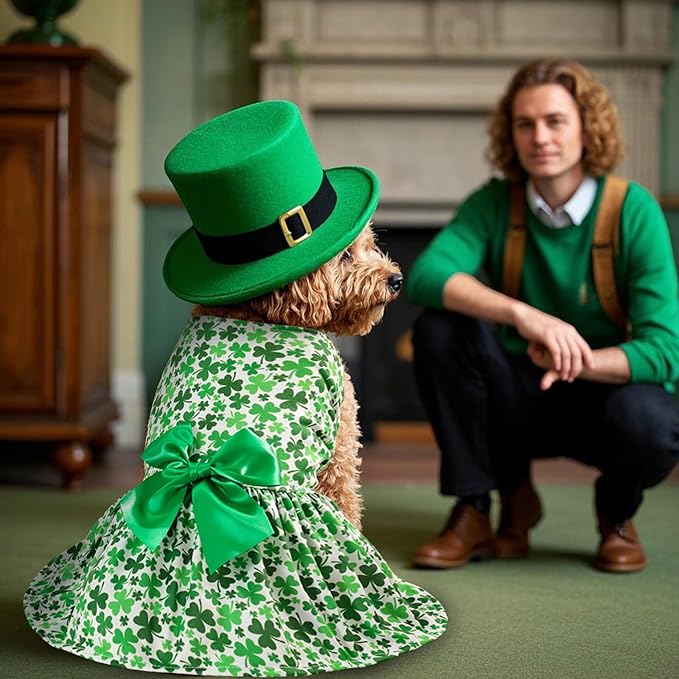 St. Patrick's Day Dog Costume Dress L, Green Clover Print with Satin Bow, White Pet Dress for 11-13 lbs Dogs and Cats, Holiday Party Clothing