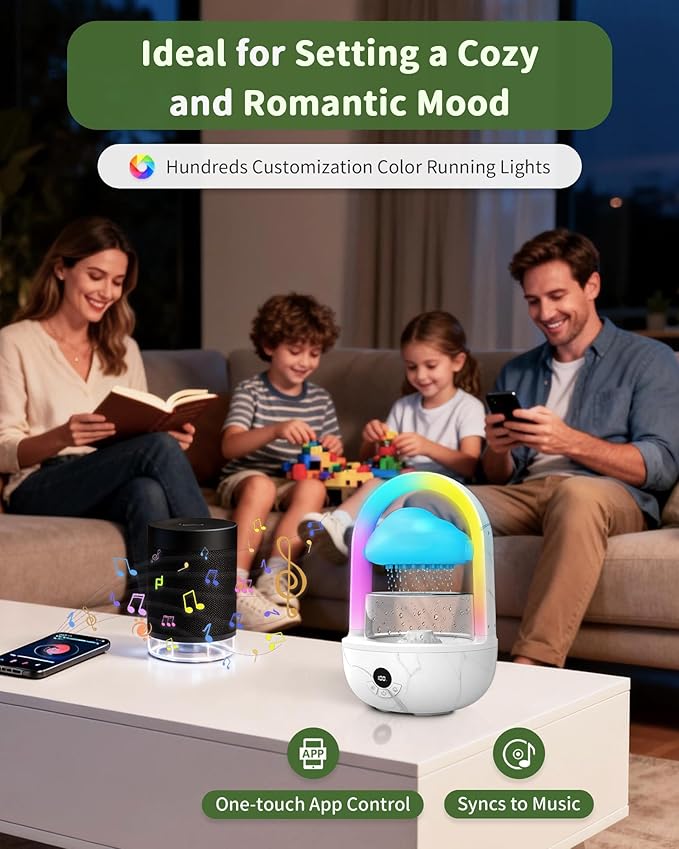 Relaxing Indoor Water Fountain with Gentle Rain Sounds, Weljoy Cloud Rainbow Rain Tabletop Fountain with Color Changing Lights, Wireless Design for Office Desk Meditation (White)