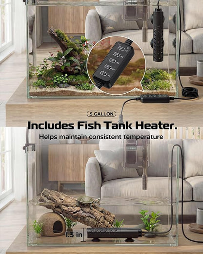 Glass Fish Tank Kit, 5 Gallon Betta Fish Tank Aquarium Starter Kit with Filter, Lights, Lid, for Betta, Goldfish, Small Fish or shrimg，Clear