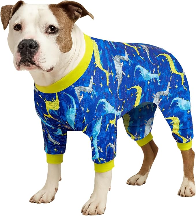 LovinPet Large Dog Pj - Pet Anxiety Calming Shirt, Dog Jammies for After Surgery, Lightweight Fabric, Blue Dragon Print, Pitbull Clothes, Long-Sleeved 4 Leg Style Pullover Dog Onesie, Dark Blue L
