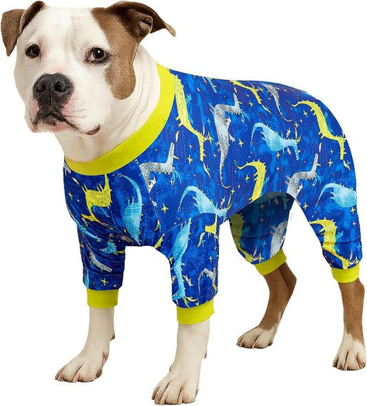LovinPet Large Dog Pj - Pet Anxiety Calming Shirt, Dog Jammies for After Surgery, Lightweight Fabric, Blue Dragon Print, Pitbull Clothes, Long-Sleeved 4 Leg Style Pullover Dog Onesie, Dark Blue L