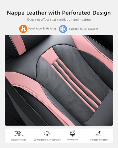 Huidasource Car Seat Cover, Seat Covers Nappa Leather with Lumbar Support, Side Elastic Fabric, Velcro Adjustable, Airbag, Ventilation Heating, Universal Fit for Most Cars SUV Trucks, Black＆Pink
