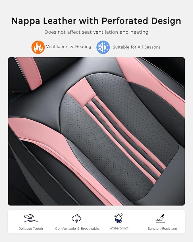 Huidasource Seat Covers, Nappa Leather Car Seat Cover with Lumbar Support, Ventilation Holes, Velcro Adjustable, Airbag, Full-Coverage Seat Covers, Universal Fit for Most Cars SUV Trucks, Black＆ Pink
