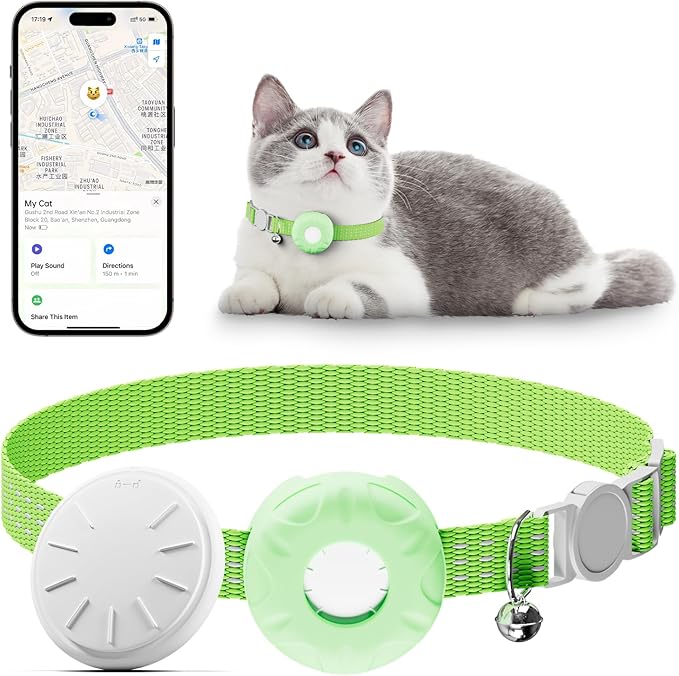 Cat GPS Tracker, Waterproof Pet GPS Tracker for Cats, Cat Tracker Collar with Safety Elastic Buckle, Works with Any Collar,Compatible with Apple Find My App (Only iOS), No Monthly Fee, Light Green