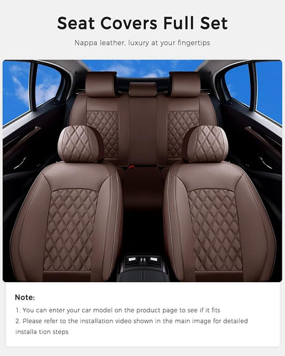Huidasource Coffee Seat Cover, Nappa Leather Car Seat Cover, Velcro Adjustable, Compatible with Airbags, Armrests, Child Seat, Seat Belts, Fit for Most Cars, Vans, Trucks, SUVs (Full Set/Coffee)