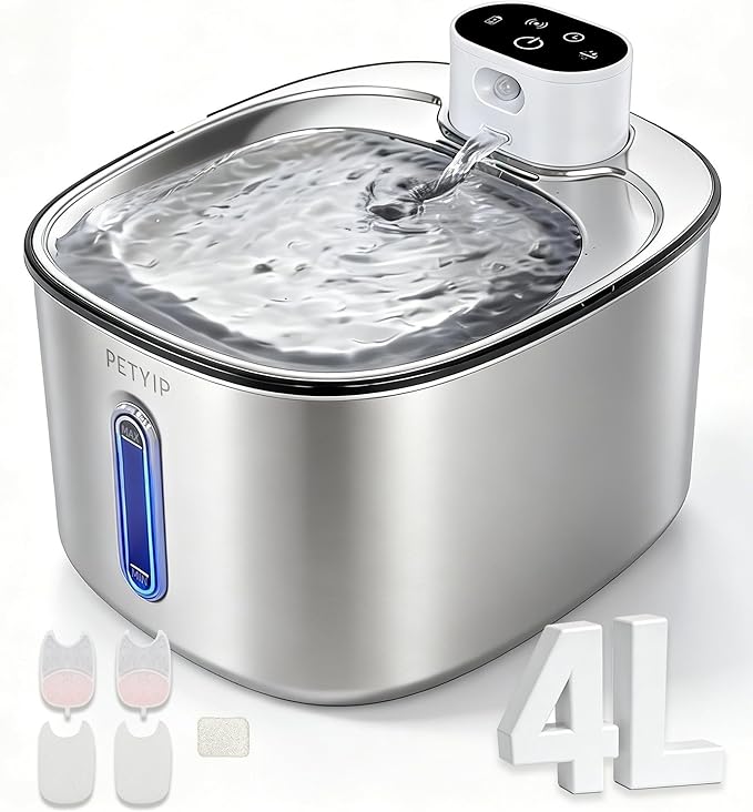 Wireless Cat Water Fountain,Stainless Steel,135 fl oz/4L Battery Powered Automatic Pet Water Dispenser, Cordless Design,Drinking Fountain for Cats, Dogs & Indoor (Cat Fountain+2 Filter)