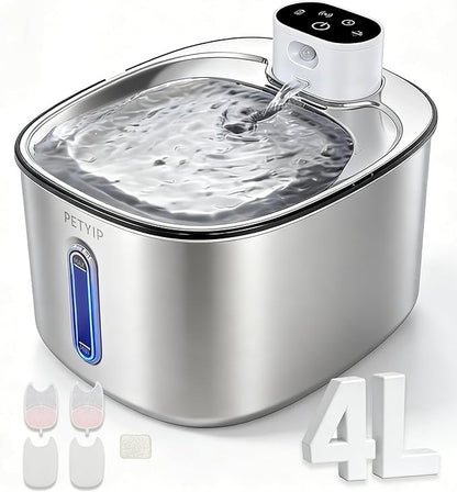 Wireless Cat Water Fountain,Stainless Steel,135 fl oz/4L Battery Powered Automatic Pet Water Dispenser, Cordless Design,Drinking Fountain for Cats, Dogs & Indoor (Cat Fountain+2 Filter)
