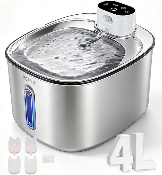 Wireless Cat Water Fountain,Stainless Steel,135 fl oz/4L Battery Powered Automatic Pet Water Dispenser, Cordless Design,Drinking Fountain for Cats, Dogs & Indoor (Cat Fountain+2 Filter)