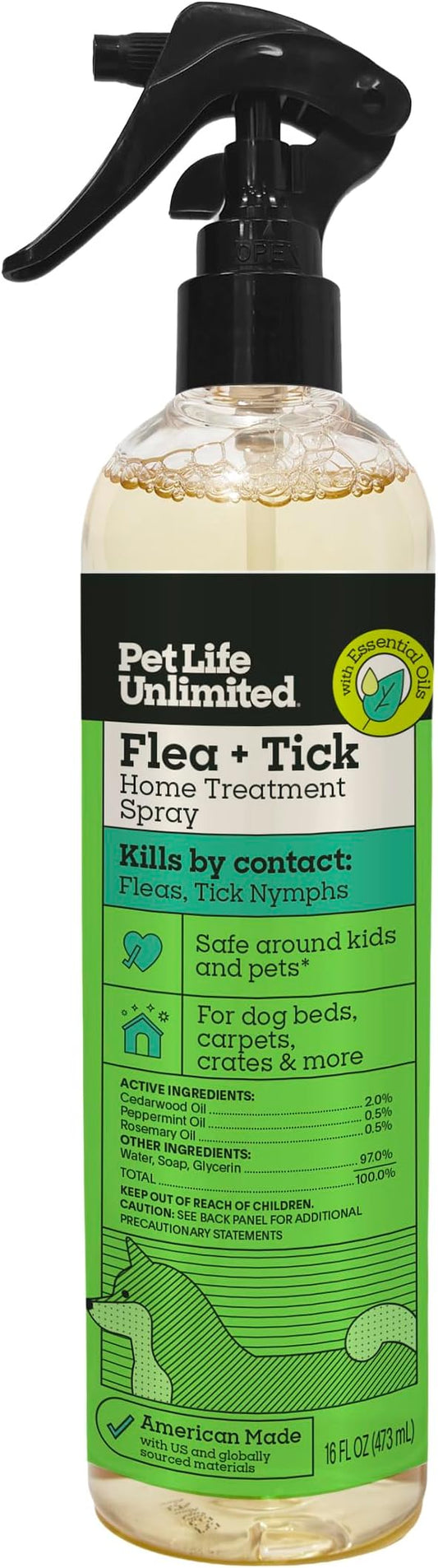 Pet Life Unlimited Flea & Tick Spray for Home, 16 oz, Plant-Based Indoor Prevention and Treatment for Dogs, Kill & Repel Fleas, Ticks & Eggs, Protection for Carpet, Furniture & Bedding