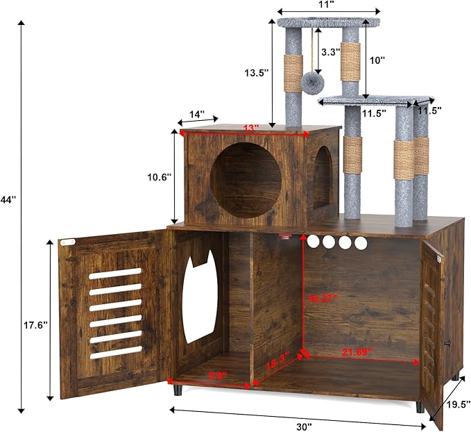 EasyCom Litter Box Enclosure, Hidden Cat Tree Tower Furniture for Indoor House, All-in-one Wooden Cat Litter Cabinet with Scratching Post and Condo, Rustic Brown